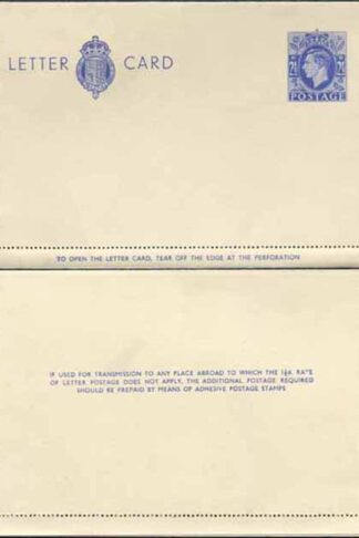 LCP15a KGVI 2 1/2d Blue Letter Card 1 1/2d on reverse Gummed on Front Mint
