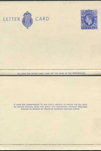 LCP15a KGVI 2 1/2d Blue Letter Card 1 1/2d on reverse Gummed on Front Mint
