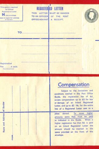 RP71 KGVI 8 1/2d Grey Registered Envelope Size H Fee of 6d on Reverse Mint
