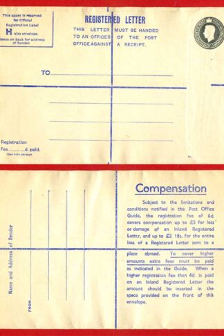 RP71 KGVI 8 1/2d Grey Registered Envelope Size H Fee of 6d on Reverse Mint