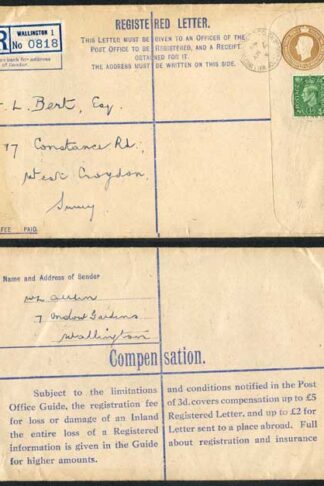RP54 KGVI 5 1/2d Brown Registered Envelope Size H Fee Paid on Front Used