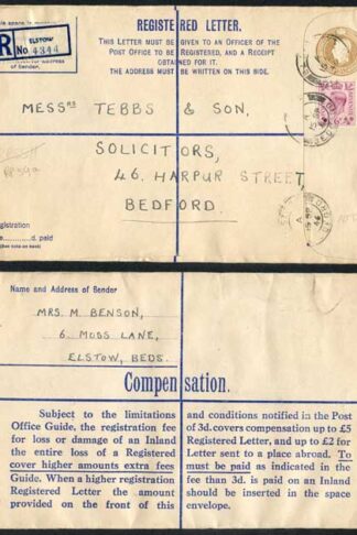 RP59 KGVI 5 1/2d Brown Registered Envelope Size H Fee    Paid on Front Used