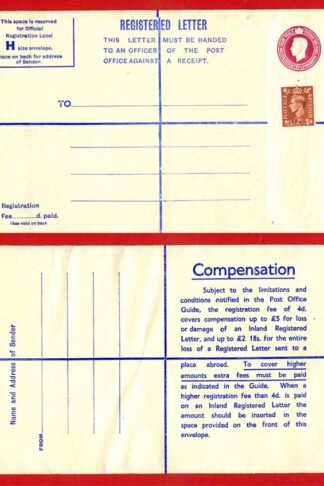 RP69 KGVI 4 1/2d Puce Registered Envelope Size H 18s on reverse Mint