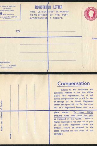 RP69 KGVI 4 1/2d Puce Registered Envelope Size H 18s on reverse Mint