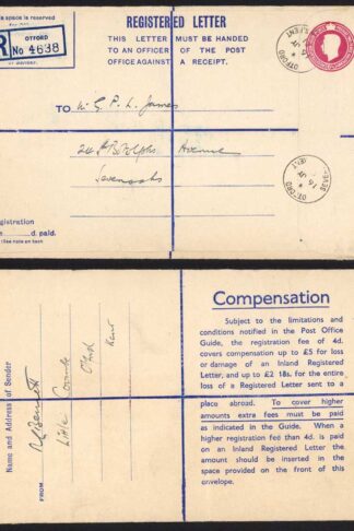 RP69 KGVI 4 1/2d Puce Registered Envelope Size H 18s on reverse Used