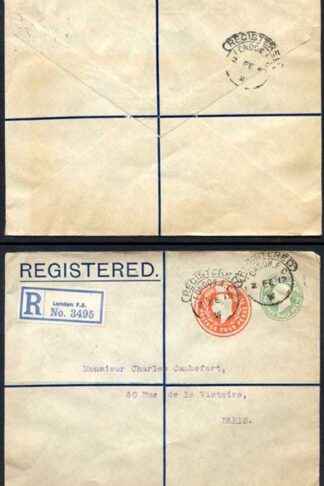 ESC681 KEVII 1/2d yellow Green and 4d Stamped to Order Registered Envelope Used