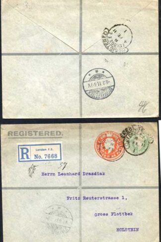 ESC681 KEVII 1/2d yellow Green and 4d Stamped to Order Registered Envelope Used