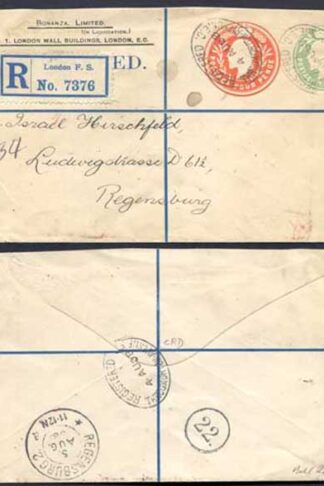 ESC681 KEVII 1/2d yellow Green and 4d Stamped to Order Registered Envelope Used