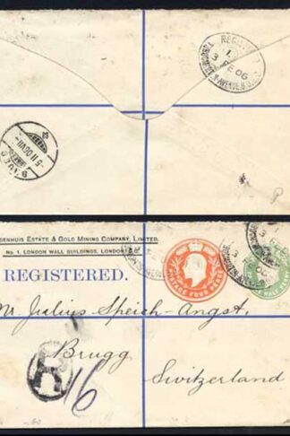 ESC681 KEVII 1/2d yellow Green and 4d Stamped to Order Registered Envelope Used