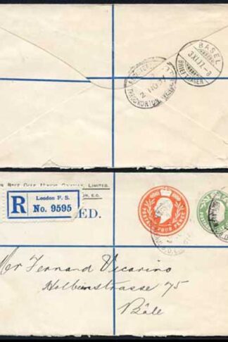 ESC681 KEVII 1/2d yellow Green and 4d Stamped to Order Registered Envelope Used