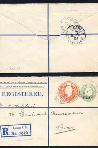 ESC681 KEVII 1/2d yellow Green and 4d Stamped to Order Registered Envelope Used