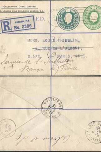 ESC744 KGV 1/2d and 4d Stamped to Order Registered Envelope Used