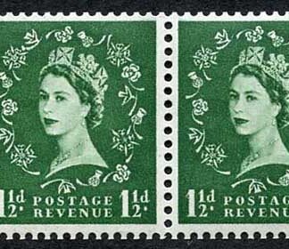 SB61 QEII 1 1/2d Wmk Tudor Booklet Pane of Two Cylinder 9 dot Daffodil Flaw