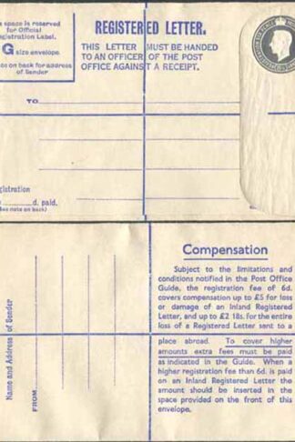 RP72 KGVI 8 1/2d Grey Registered Envelope Big instructions Size G Mint