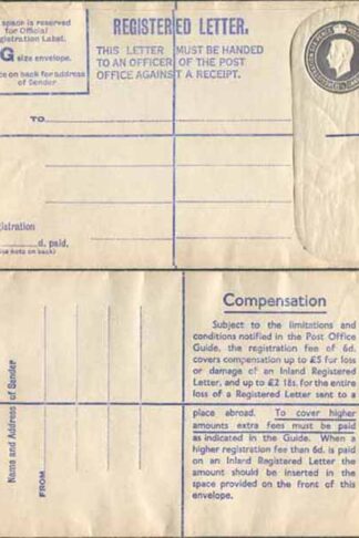 RP72 KGVI 8 1/2d Grey Registered Envelope Big instructions Size G Mint