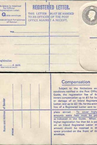 RP72 KGVI 8 1/2d Grey Registered Envelope Big instructions Size G Mint