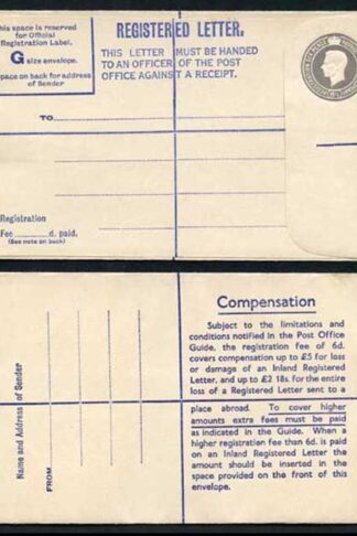 RP72 KGVI 8 1/2d Grey Registered Envelope Big instructions Size G Mint