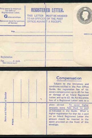 RP72 KGVI 8 1/2d Grey Registered Envelope Big instructions Size G Mint