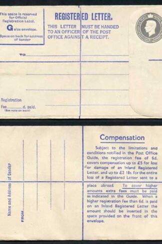 RP72 KGVI 8 1/2d Grey Registered Envelope Big instructions Size G Mint