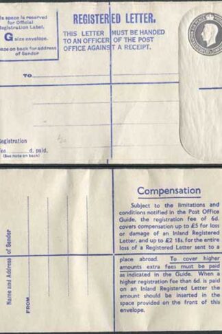 RP72 KGVI 8 1/2d Grey Registered Envelope Big instructions Size G Mint