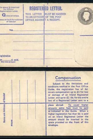 RP72 KGVI 8 1/2d Grey Registered Envelope Big instructions Size G Mint