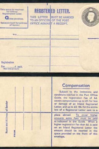 RP72 KGVI 8 1/2d Grey Registered Envelope Big instructions Size G Mint