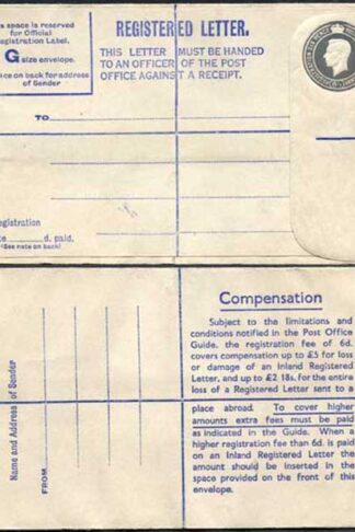 RP72 KGVI 8 1/2d Grey Registered Envelope Big instructions Size G Mint