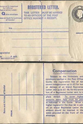 RP72 KGVI 8 1/2d Grey Registered Envelope Big instructions Size G Mint