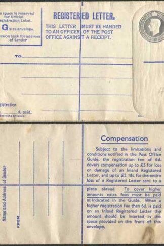 RP72 KGVI 8 1/2d Grey Registered Envelope Big instructions Size G Mint