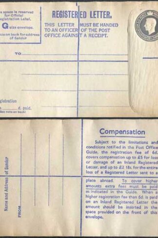 RP72 KGVI 8 1/2d Grey Registered Envelope Big instructions Size G Mint