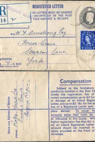 RP72 KGVI 8 1/2d Grey Registered Envelope Big instructions Size F USED