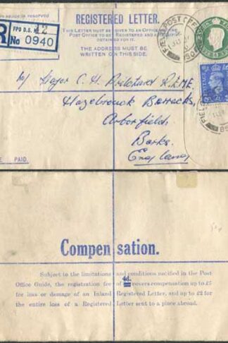 RPF6 KGVI 4d Green FORCES ISSUE Registered Envelope 4d over 3d on back Used