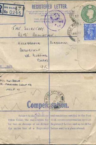 RPF7 KGVI 4d Green FORCES ISSUE Registered Envelope two pound on back Used