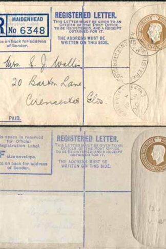 RP52 KGVI 5 1/2d Brown Registered Envelope No Selling Price on Front Size F Used