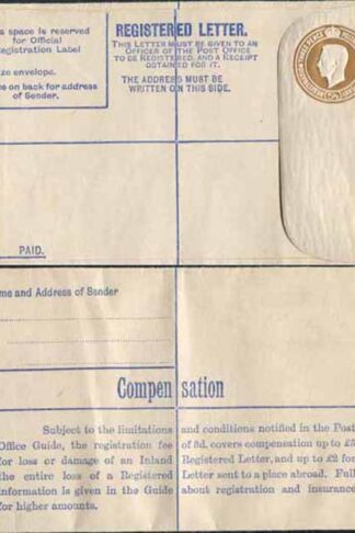 RP52 KGVI 5 1/2d Brown Registered Envelope No Selling Price on Front Size F Mint