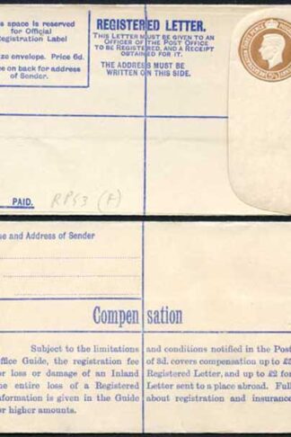 RP53 KGVI 5 1/2d Brown Registered Envelope Selling Price on Front Size F Mint