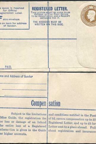 RP54 KGVI 5 1/2d Brown Registered Envelope McCorquodale Size F Mint