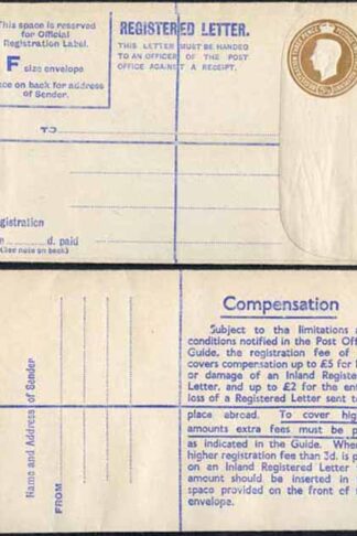 RP66 KGVI 5 1/2d Brown Registered Envelope McCorquodale Size F Mint