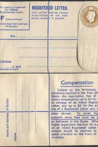 RP66 KGVI 5 1/2d Brown Registered Envelope McCorquodale Size F Mint