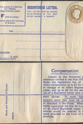 RP66 KGVI 5 1/2d Brown Registered Envelope McCorquodale Size F Mint