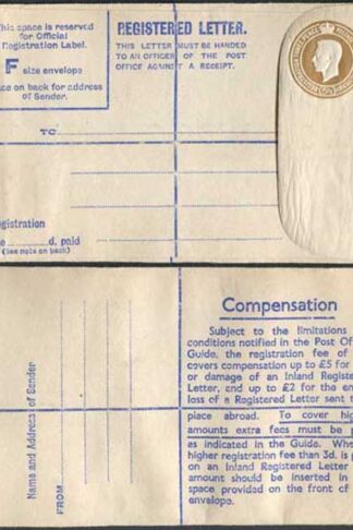 RP66 KGVI 5 1/2d Brown Registered Envelope McCorquodale Size F Mint