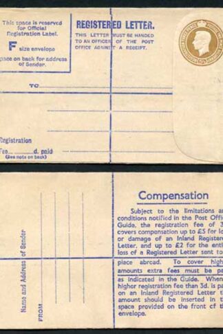 RP66 KGVI 5 1/2d Brown Registered Envelope McCorquodale Size F Mint