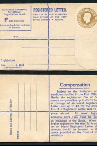 RP66 KGVI 5 1/2d Brown Registered Envelope McCorquodale Size F Mint
