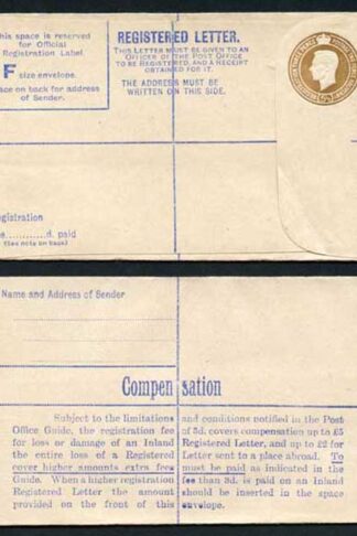 RP59 KGVI 5 1/2d Brown Registered Envelope McCorquodale Imprint Size F Mint
