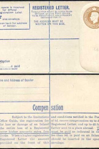 RP59 KGVI 5 1/2d Brown Registered Envelope McCorquodale Imprint Size F Mint