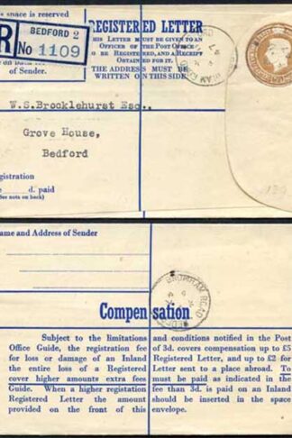 RP61 KGVI 5 1/2d Brown Registered Envelope De La Rue Imprint Size F Used