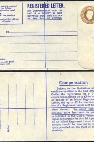 RP64 KGVI 5 1/2d Brown Registered Envelope PA and Co Imprint Blue Lining Size G