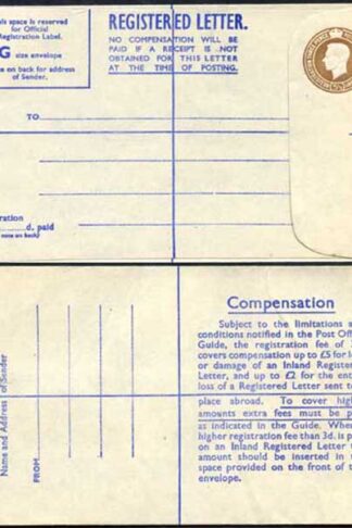 RP64 KGVI 5 1/2d Brown Registered Envelope PA and Co Imprint Blue Lining Size G