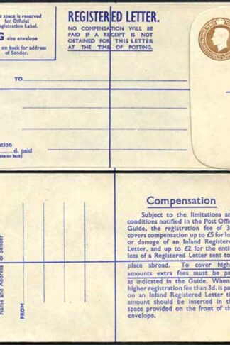 RP64 KGVI 5 1/2d Brown Registered Envelope PA and Co Imprint Blue Lining Size G
