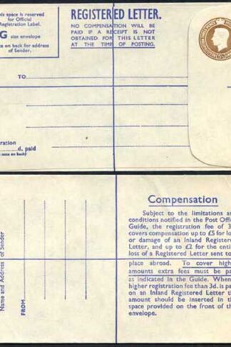 RP64 KGVI 5 1/2d Brown Registered Envelope PA and Co Imprint Blue Lining Size G
